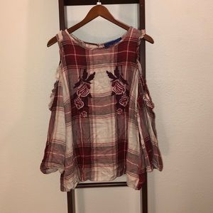 Plaid Embroidered Cold Shoulder Top